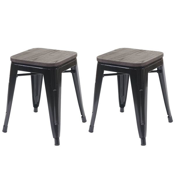 Ensemble de 2 tabourets Mendler HWC-A73 avec siège en bois, tabouret en métal, design industriel en métal empilable, noir, 70397