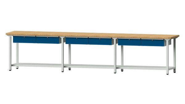 Bancs de travail ANKE table de travail, modèle 105, 4050 x 700 x 890 mm, RAL 7035/5010, BMP 40 mm, 400.517
