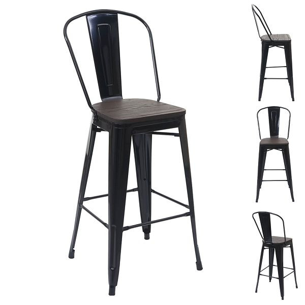 Ensemble de 4 tabourets de bar Mendler HWC-A73 avec assise en bois, tabouret de bar avec dossier, design industriel en métal, noir, 70778