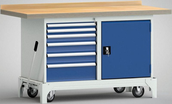 Etabli professionnel mobile KLW, 1500 x 700 x 871 mm L x l x H, avec plateau multiplex en hêtre, avec panneau arrière, WP782N-1500M45-E0012