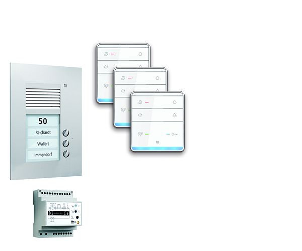 Système de commande de porte audio TCS : pack UP pour 3 unités résidentielles, avec poste extérieur PUK 3 boutons de sonnerie, 3x haut-parleur mains libres ISW5010, unité de contrôle BVS20, PPUF03-EN / 01