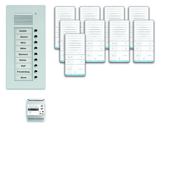 Système de commande de porte audio TCS : pack UP pour 9 unités résidentielles, avec poste extérieur PUK 9 boutons de sonnerie, 9x haut-parleur mains libres ISW5031, unité de commande BVS20, PAUF091 / 001