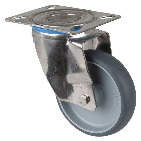 Rouleau de transport en inox BS rollers, largeur 35 mm, Ø125 mm, jusqu'à 125 kg, pneus thermoplastiques gris, corps de roue en plastique, palier lisse, plateau, H100.B43.126
