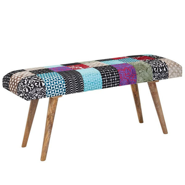 Wohnling banc velours / banc en bois massif coloré 117x51x38 cm banc de lit patchwork, banc rembourré design couloir moderne, banc en tissu rembourré salle à manger, WL6.477
