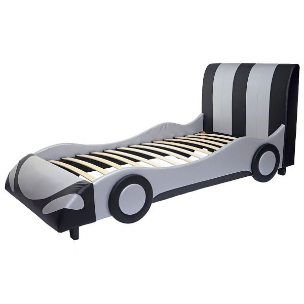 Lit Mendler HWC-E14, lit enfant voiture garçon, sommier à lattes simili cuir bois 190x100cm, noir-argent, 65055+65056+65057