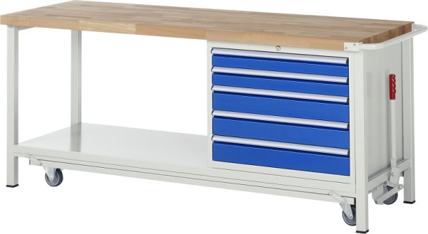 Etabli abaissable RAU 8000 - modèle 8271, L2000 x P700 x H880 mm, conteneur de sous-structure à droite, 5x tiroirs : 2xH90, 3xH120 mm, 05-8271A6-207B4F.11