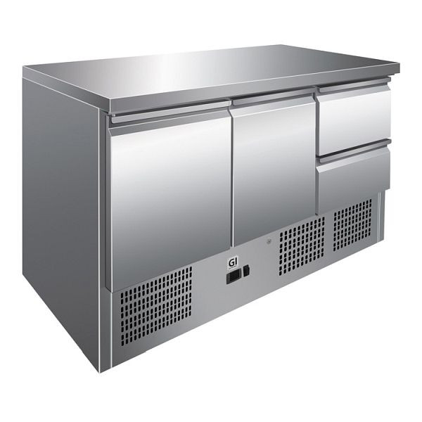 Table de refroidissement Gastro-Inox en acier inoxydable avec 2 portes et 2 tiroirs, refroidissement par convection, capacité nette 400 litres, 202.016