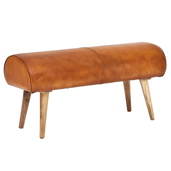 Banc Wohnling en cuir véritable / banc en bois massif 100x53x40 cm, marron, WL6.086