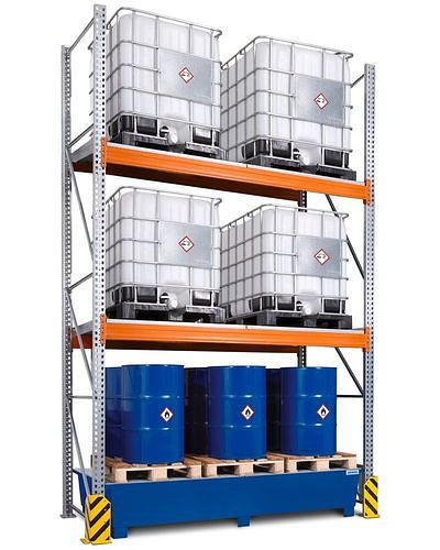 Rayonnage à palettes pour matières dangereuses DENIOS, champ de base, 3 niveaux de stockage, bac collecteur peint, 2900 x 1300 x 4400 mm, 305416