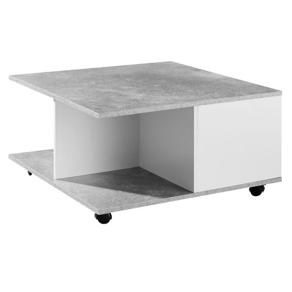 Table basse Wohnling Design 70x70 cm gris ciment / blanc, avec 2 tiroirs et 2 compartiments, WL6.065