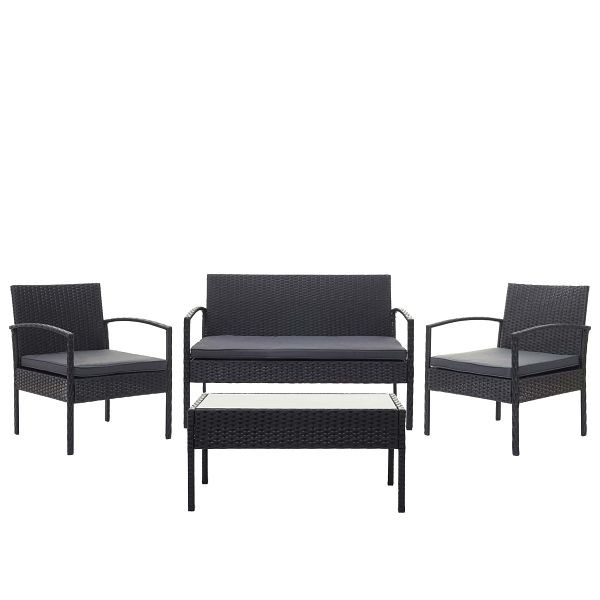Ensemble en polyrotin Mendler HWC-F56, ensemble balcon/jardin/salon, noir, coussins gris foncé, 69822