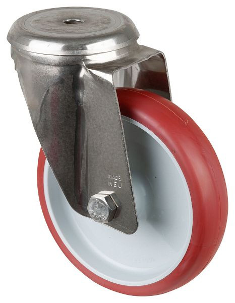 Rouleau de transport BS rollers inox, largeur 35 mm, Ø150 mm, jusqu'à 200 kg, bande de roulement polyuréthane rouge, corps de roue plastique, palier lisse, H101.B26.150