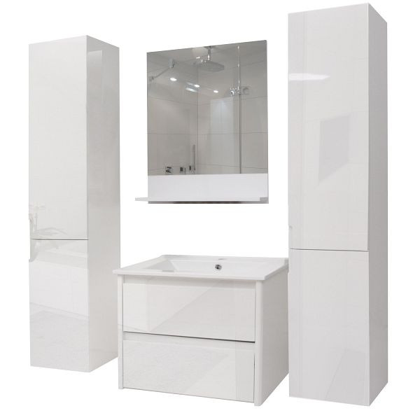 Ensemble de salle de bain Mendler HWC-B19, miroir mural pour lavabo 2x armoire murale, brillant, blanc, 57615+57614+57616+2x57618