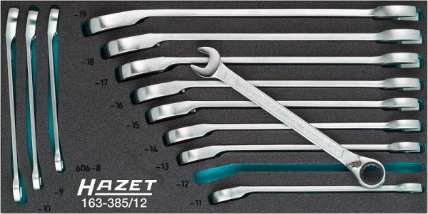Jeu de clés mixtes à cliquet Hazet, profil de traction à double hexagone externe, 8 - 19, nombre d'outils : 12, pièces de rechange : 163-385L, 163-385/12