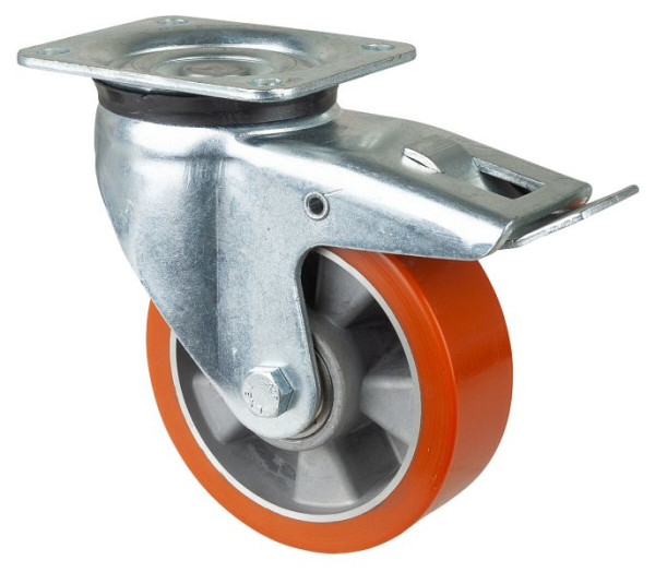 Roulettes BS Roulette forte charge avec frein, largeur 50 mm, Ø150 mm, jusqu'à 550 kg, polyuréthane coulé 95 Shore A, corps en aluminium, roulement à billes, L620.B90.150