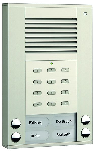 Platine de rue audio TCS série ASE 4 boutons de sonnette (alignés à droite/gauche) avec serrure à code intégrée, AP argent, ASE51040-0010