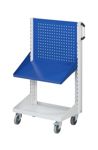 Chariot de base ANKE panneau métallique perforé et étagère inclinée; 800x450x1350 mm; RAL 7035/5010; avec 1x panneau en tôle perforée; 1x plateau incliné 450 mm, 962.043