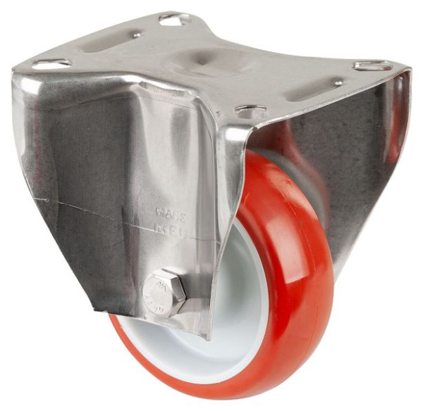 Rouleau de transport BS rollers inox, rouleau fixe, largeur 28 mm, Ø80 mm, jusqu'à 100 kg, bande de roulement polyuréthane rouge, plastique, palier lisse, plaque, H110.B26.080