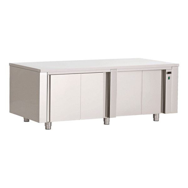 Armoire chauffante Gastro-Inox en acier inoxydable AISI 430 2500x700x850mm, thermostat numérique & affichage de la température, étagère perforée, 304.033
