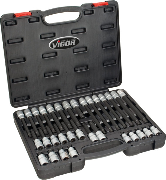 Jeu d'embouts de tournevis VIGOR RIBE, carré creux 12,5 mm (1/2 pouce), profil à coin interne Ribe-CV, M5 - M14, nombre d'outils : 32, V2201