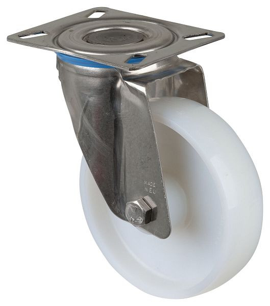 Rouleau de transport BS rollers en acier inoxydable, largeur de roue 40 mm, Ø roue 150 mm, capacité de charge 300 kg, bande de roulement/corps de roue en plastique, palier lisse, plaque, H100.A90.150