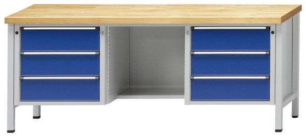 Établi d'armoire ANKE; 2000x700 mm; RAL 7035/5010; 3 tiroirs à gauche; En retrait au milieu du sol; Droite 3 tiroirs