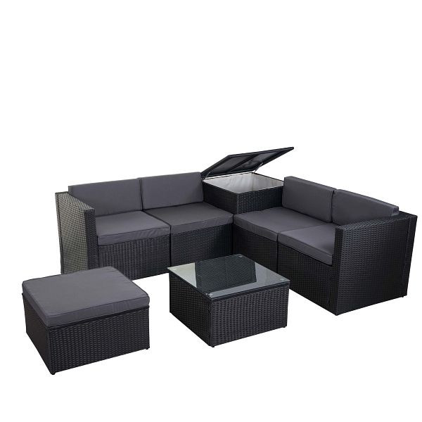 Ensemble en rotin synthétique Mendler HWC-D21, ensemble balcon/jardin/salon, groupe de canapés, coffre de rangement, anthracite, coussins gris foncé, 58613+58614+58615
