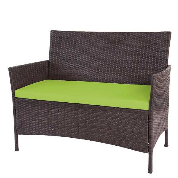 Banc de jardin en polyrotin Mendler Halden, banc, marron chiné, coussins verts, 52038