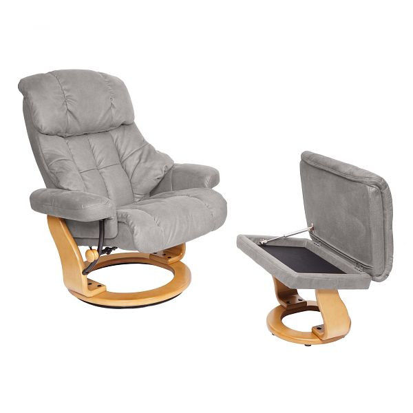 Chaise de relaxation Mendler MCA Calgary XXL, tabouret de chaise TV, capacité de charge 180 kg tissu/textile, gris clair, cadre marron naturel, 75591