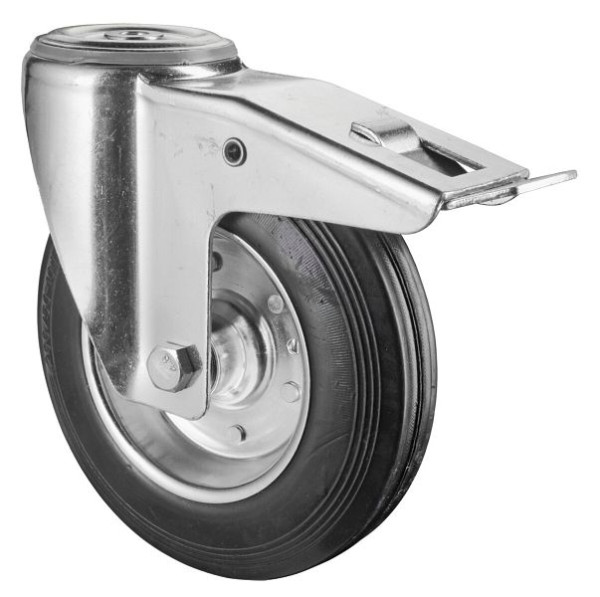 Rouleau de transport BS rollers avec frein, largeur 50 mm, Ø200 mm, jusqu'à 200 kg, bande de roulement en caoutchouc noir, jante en acier du corps de roue, roulement à rouleaux, L121.B55.200