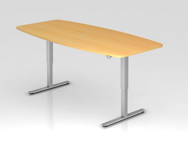 Table de conférence Hammerbacher avec interrupteur à bouton-poussoir, hêtre, en forme de tonneau, avec 1 sortie de câble 8 cm, VXMST22/6/S