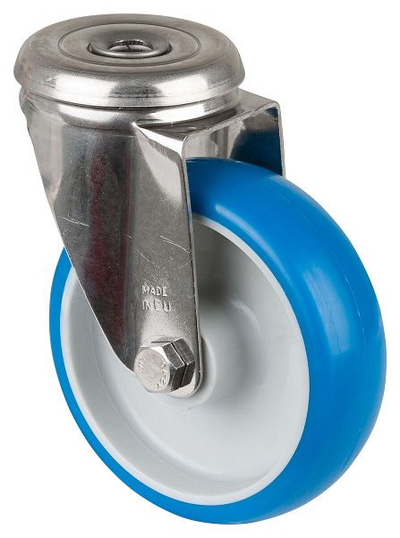 Rouleau de transport en acier inoxydable BS rollers, largeur 32 mm, Ø100 mm, jusqu'à 110 kg, bande de roulement polyuréthane bleu, corps de roue en plastique, palier lisse, H101.B32.100