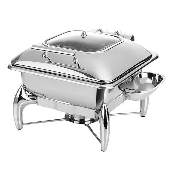 APS Chafing Dish GN 2/3 -GLOBE-, 44 x 41 cm, hauteur : 34 cm, 5,5 litres, acier inoxydable, couvercle en verre hydraulique, avec fond sandwich, 12484