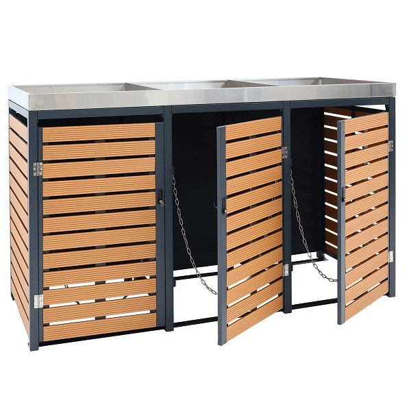 Mendler HWC-K14 Habillage poubelle 3 places, poubelle avec jardinière, 112x63x78cm WPC inox 107kg, teck, 87636+87637+87638
