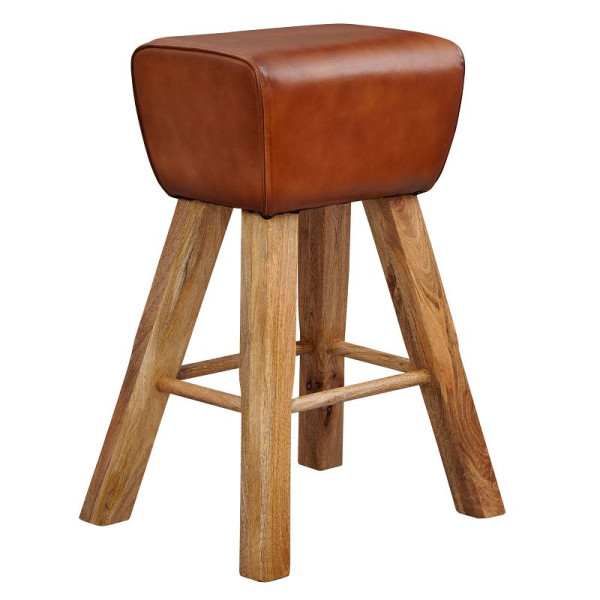 Wohnling tabouret de bar gymnastique 43 x 75 x 43 cm bois massif de manguier / cuir véritable, marron, sans dossier, WL6.011