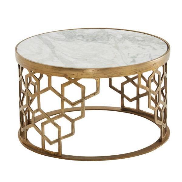 Wohnling Table basse en marbre véritable blanc 60x60x36 cm Table de canapé en métal doré, table de salon design ronde, petite table basse moderne, WL6.630