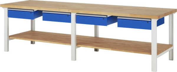 Etabli RAU série 7000 - conception modulaire, 4 tiroirs bas, étagère en hêtre massif, 3000x840x900 mm, 03-7002A7-309B4S.11
