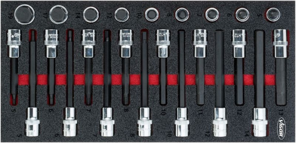 VIGOR jeu d'embouts de tournevis à six pans creux, carré creux 12,5 mm (1/2 pouce), profil à six pans creux, 5 - 19, nombre d'outils : 24, V5097