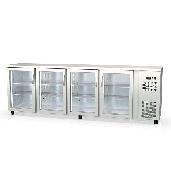 Table réfrigérée bar Vaiotec TOPLINE 530 acier inoxydable / 4 portes vitrées, 256,5x53x85 cm, 11442