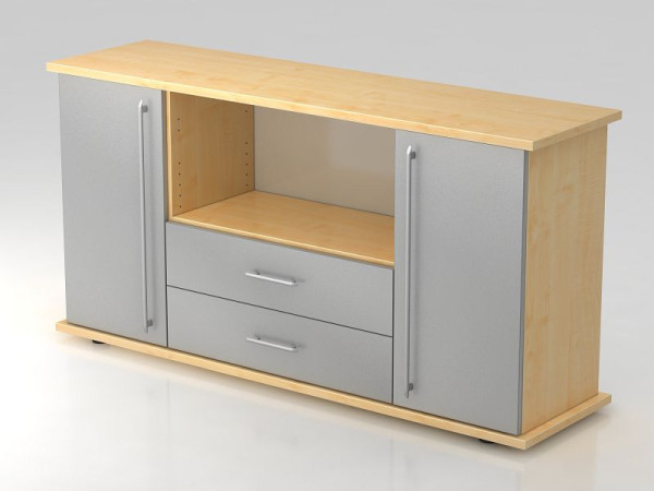 Buffet Hammerbacher 2 portes, 2 tiroirs, poignée de garde-corps érable/argent, 166,1x44,8x84 cm (LxPxH), VSBTS/3/S/RE