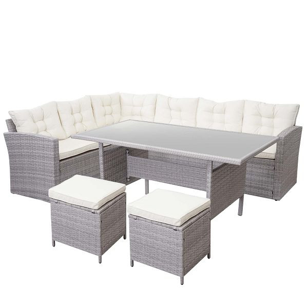 Mendler HWC-A29 ensemble en rotin synthétique, ensemble de jardin, ensemble de table à manger, canapé, gris clair, coussins crème + 2x tabourets, 64386+64387