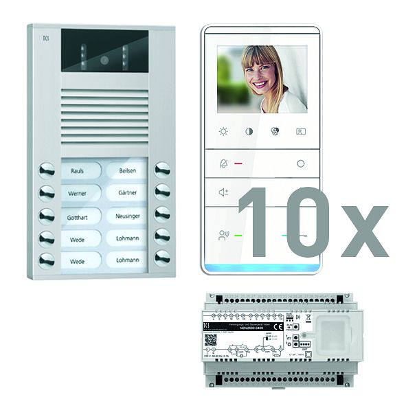 Vidéo du système de commande de porte TCS : pack AP pour 10 unités d'habitation, avec platine de rue AVE 10 boutons de sonnerie, 10x haut-parleur mains libres vidéo IVW5111, commande, PVE16100-0010