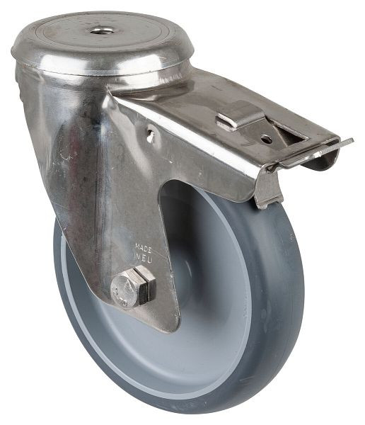 Rouleau de transport en inox avec frein BS rollers, L40 mm, Ø150 mm, jusqu'à 140 kg, pneus thermoplastiques gris, paliers lisses, H121.B43.150