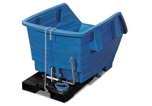 DENIOS Kippwagen aus Polyethylen (PE), mit Gabeltaschen, 750 Liter Volumen, blau, 136450