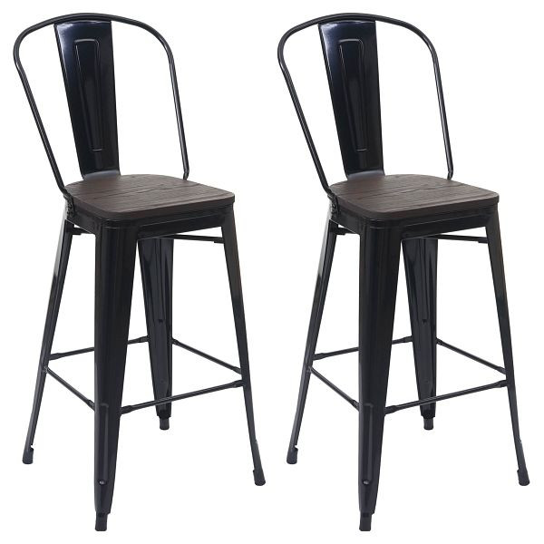 Ensemble de 2 tabourets de bar Mendler HWC-A73 avec assise en bois, tabouret de bar avec dossier, design industriel en métal, noir, 70407