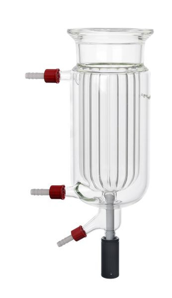 Récipient de réaction Rettberg, 1000 ml, DN 100, avec rainure, fond rond, vanne de vidange inférieure, enveloppe de mise à température, bords de chicane à l'intérieur, 134217154