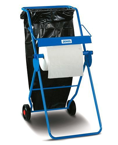 Support roulant DENIOS, étroit, pour rouleaux jusqu'à 40 cm de large, avec support pour sacs poubelle, 116-578