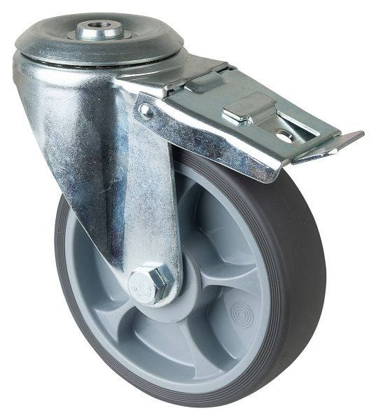 Roulette de transport à roulettes BS roulette pivotante avec frein, roue en caoutchouc thermoplastique gris, roulement à billes, trou arrière, diamètre : 160 mm, pack : 2 pièces, L121.A85.162