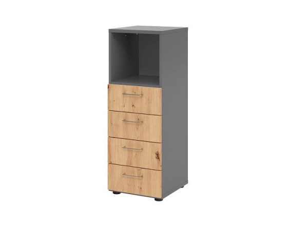 Armoire à tiroirs Hammerbacher 3OH, 4 tiroirs 934S4 BS, corps : graphite / façade : chêne noueux, 40x41,7x110 cm (LxPxH), 4 tiroirs, poignée en métal, V934S4/G/R/BS