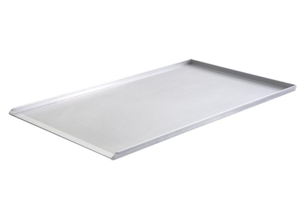 Plaque à pâtisserie en aluminium Schneider, 580 x 980 mm, perforée 3 mm, 3 bords, côté court ouvert, hauteur des bords 25 mm, 381000